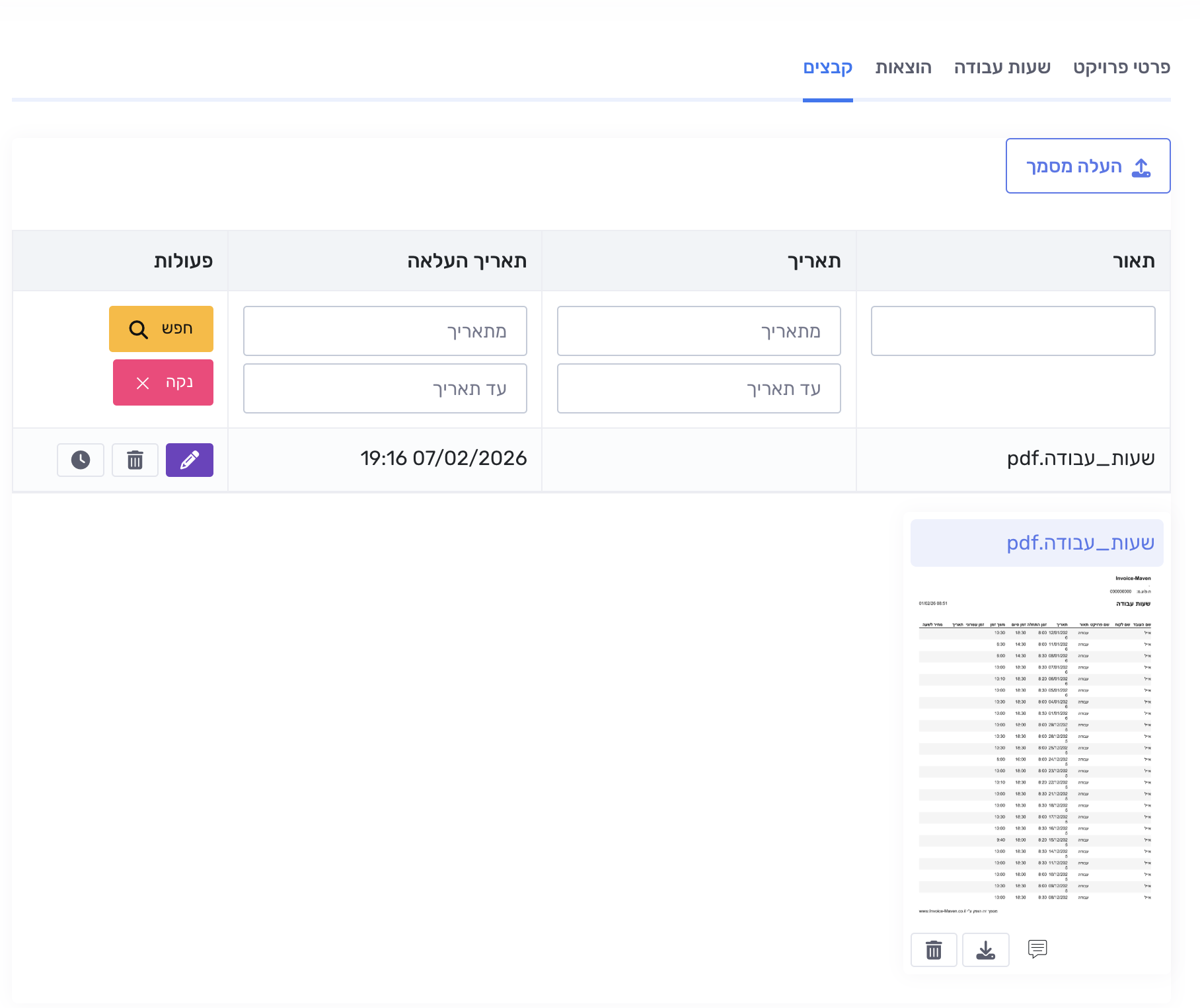 טבלת קבצים ותצוגה מקדימה