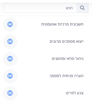 תפריט העזרה הפתוח עם תיבת החיפוש בראשו ורשימת המדריכים מתחתיה
