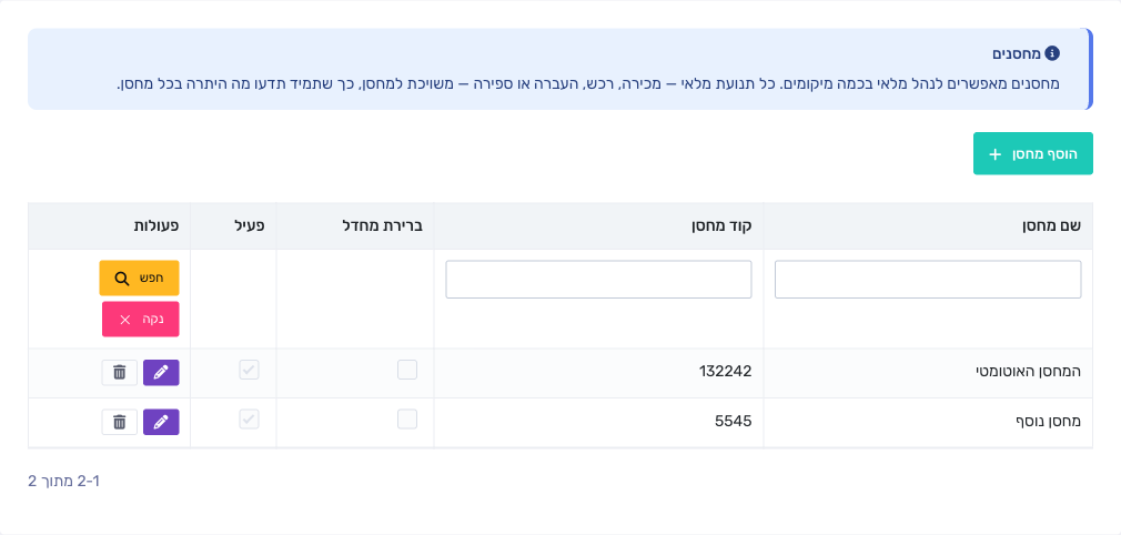 מסך ניהול מחסנים — טבלת המחסנים