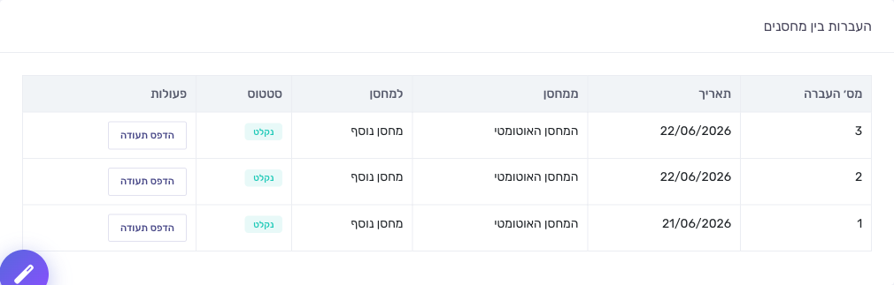 מסך העברות בין מחסנים — רשימת העברות עם סטטוס בדרך ונקלט