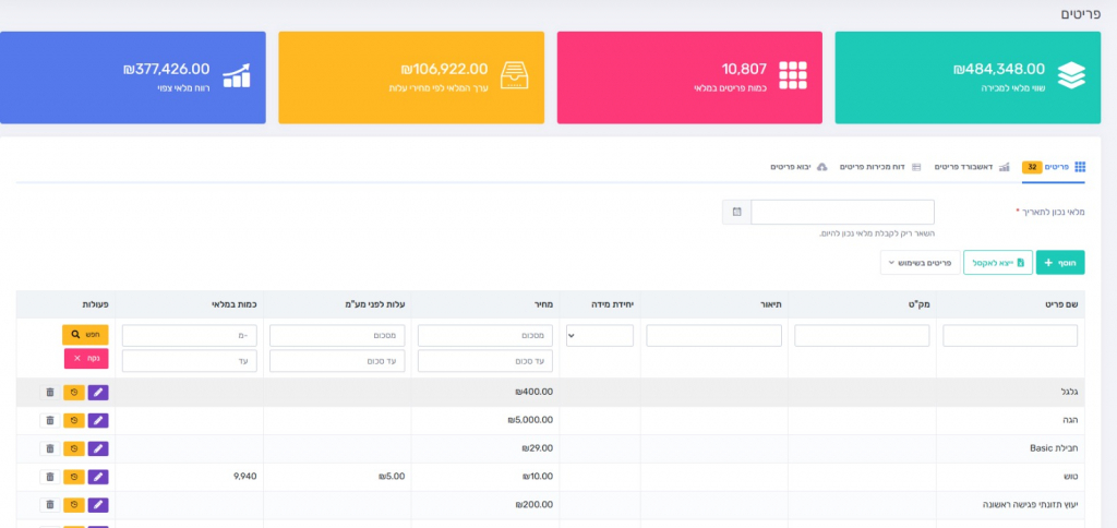 מסך ניהול מלאי ופריטים במערכת Invoice Maven
