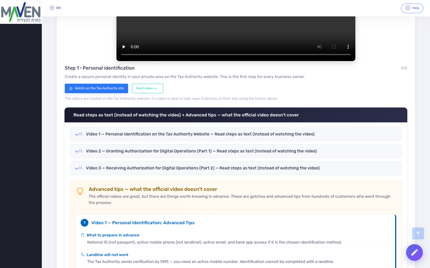 Invoice Maven Israel Invoices page in English, showing the embedded Tax Authority video guide with text steps and advanced tips