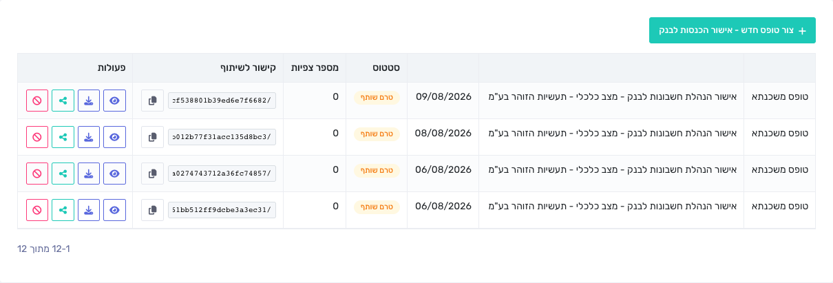 טבלת הטפסים של הלקוח עם קישור לשיתוף ופעולות