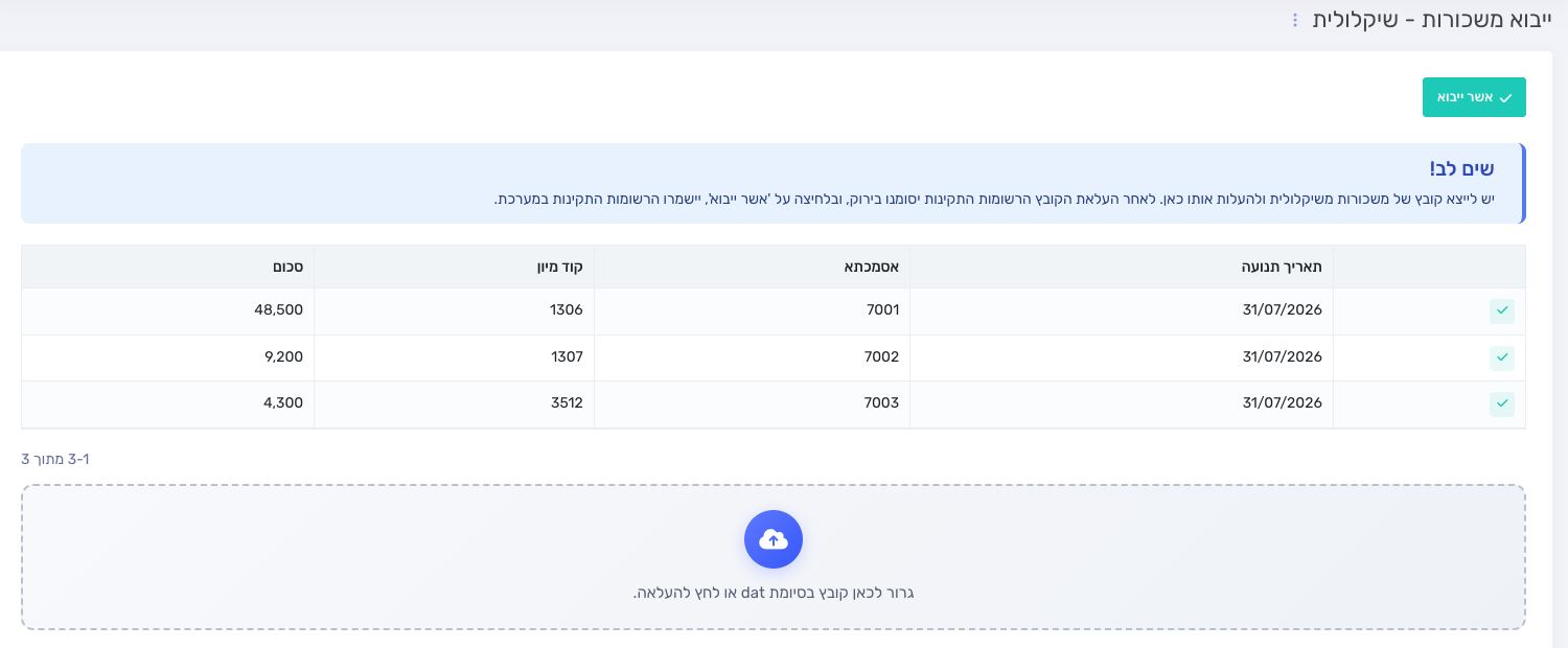 שורות המשכורות שנקלטו מקובץ שיקלולית מסומנות בוי ירוק