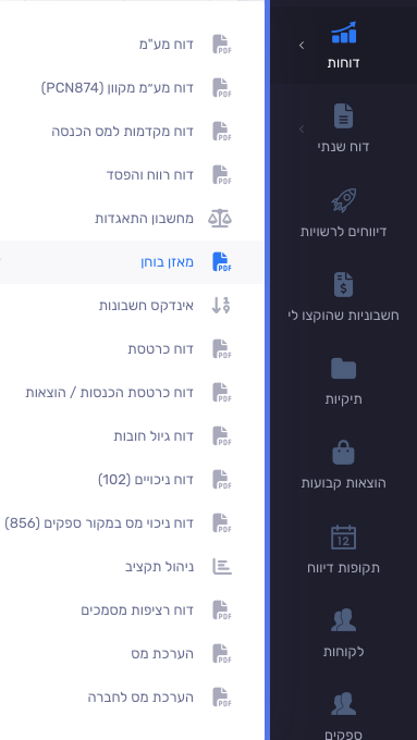 תפריט דוחות בתוך הלקוח עם מאזן בוחן