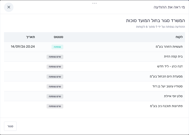 חלון מי ראה את ההודעה עם שורה לכל לקוח