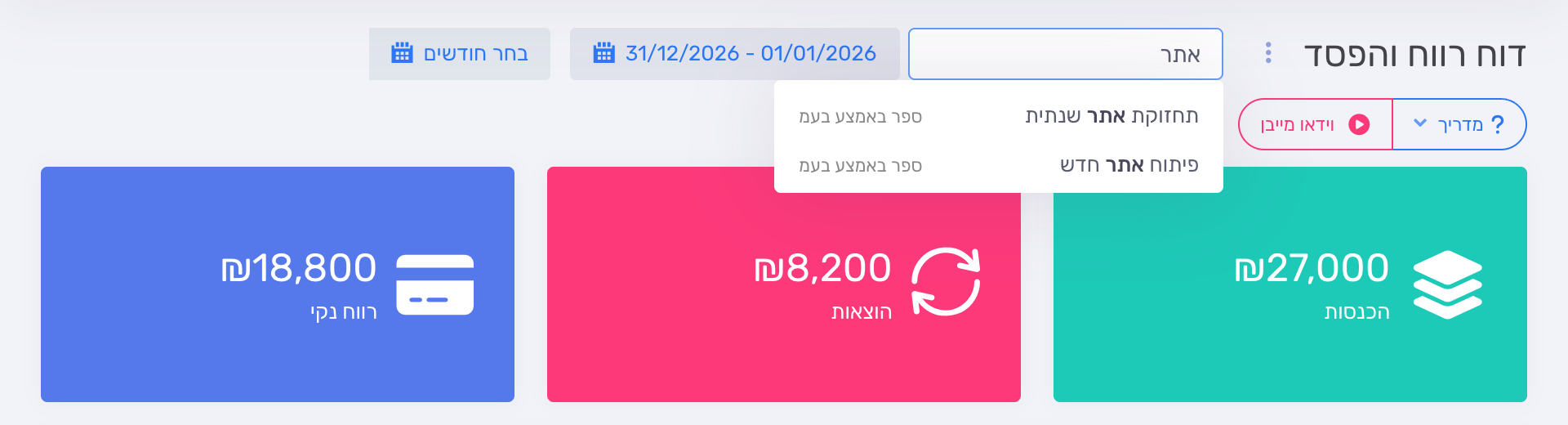 בחירת פרויקט בשדה כל הפרויקטים בדוח רווח והפסד
