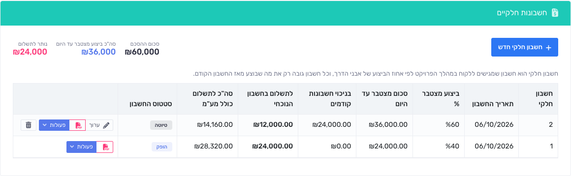 טאב חשבונות חלקיים בפרויקט עם שני חשבונות