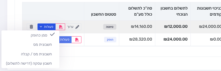 תפריט הפעולות של חשבון חלקי