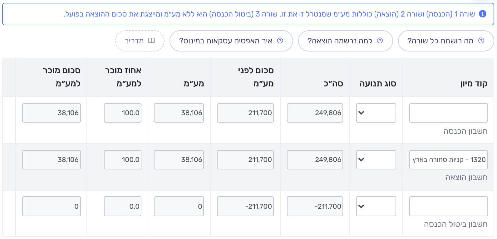 שלוש השורות של החשבונית העצמית, ההסבר מעליהן וכפתורי השאלות לצ'אט
